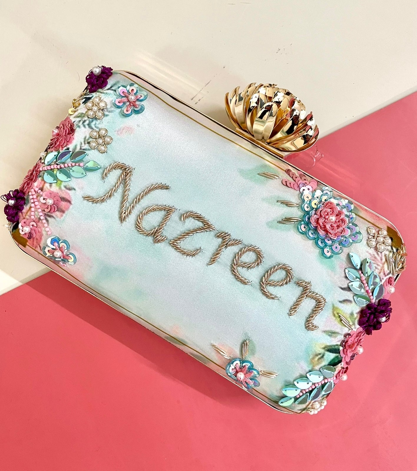 Designer Printed Embroidery Name Customization Clutch