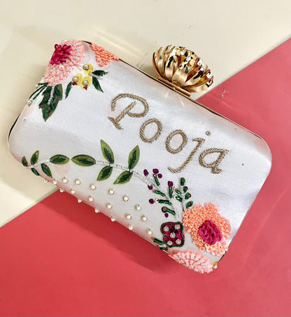 Designer Printed Embroidery Name Customization Clutch