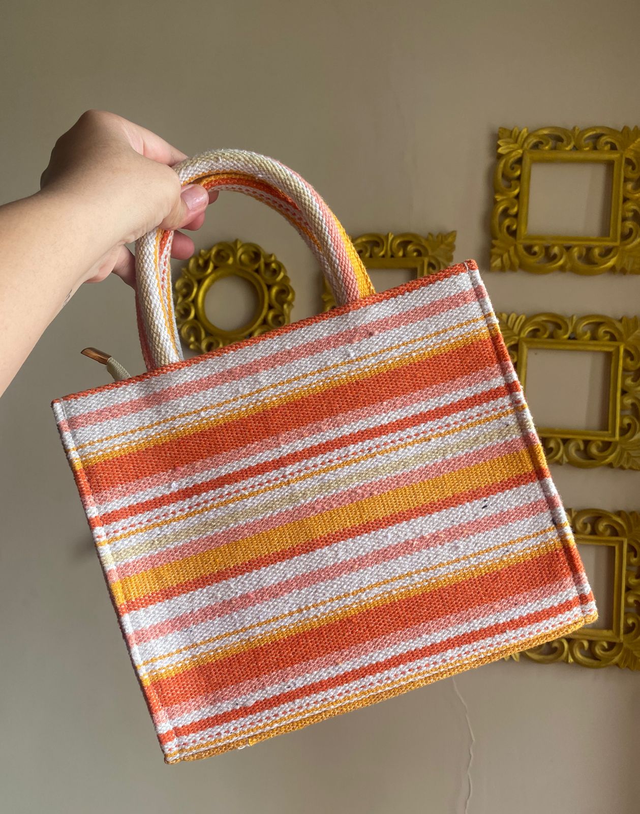 Shades of sunset MINI boho tote bag with leather strap and handle