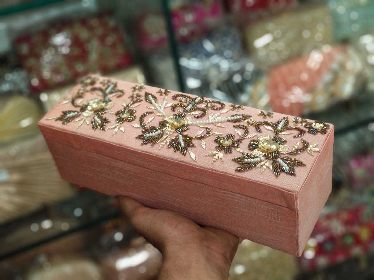 Peach single rod bangle box with embroidery work & name