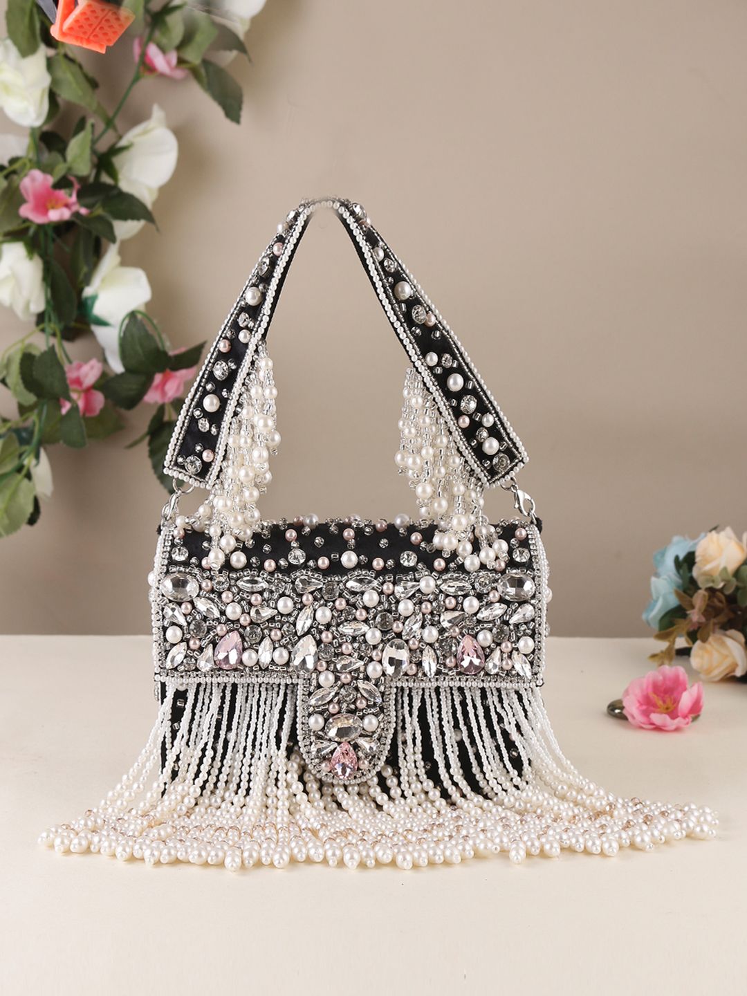 Crystal and pearly work flap Clutch