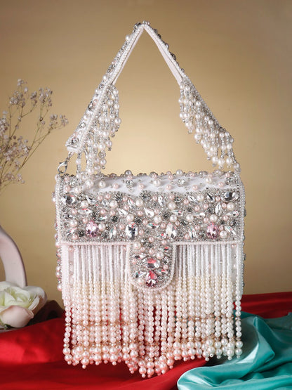 Crystal and pearly work flap Clutch