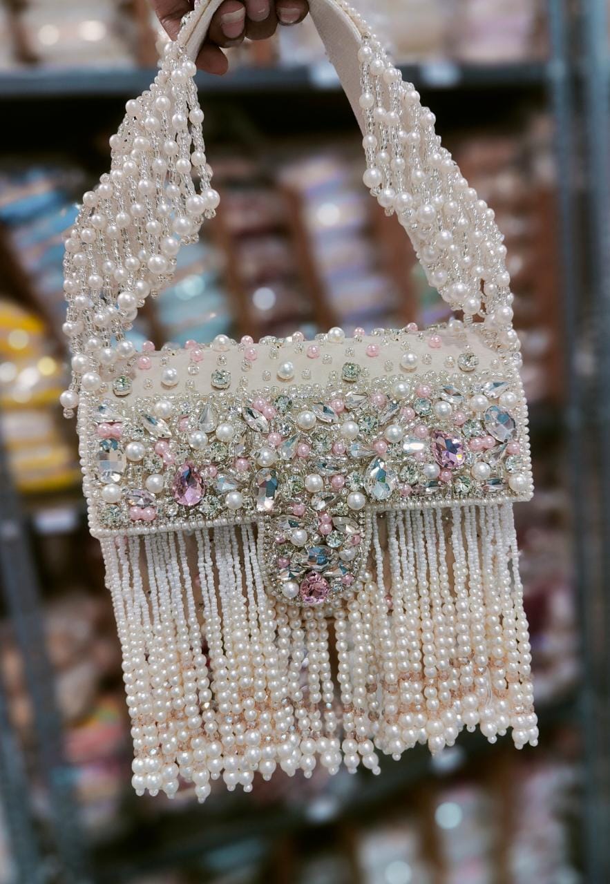 Crystal and pearly work flap Clutch