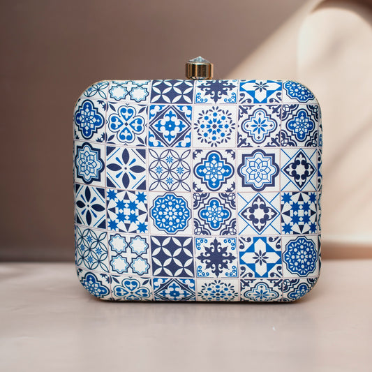 Blue Mediterranean print clutch