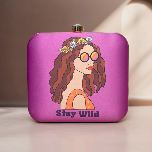 Purple STAY WILD printed clutch