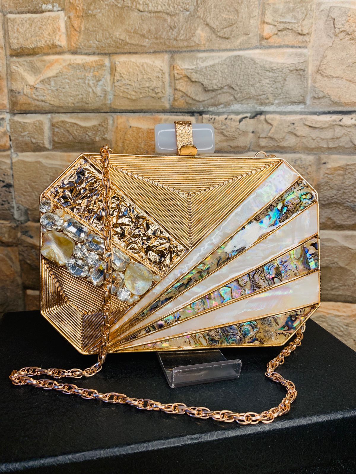 PREMIUM gold mother of pearl oval clutch with designer knob