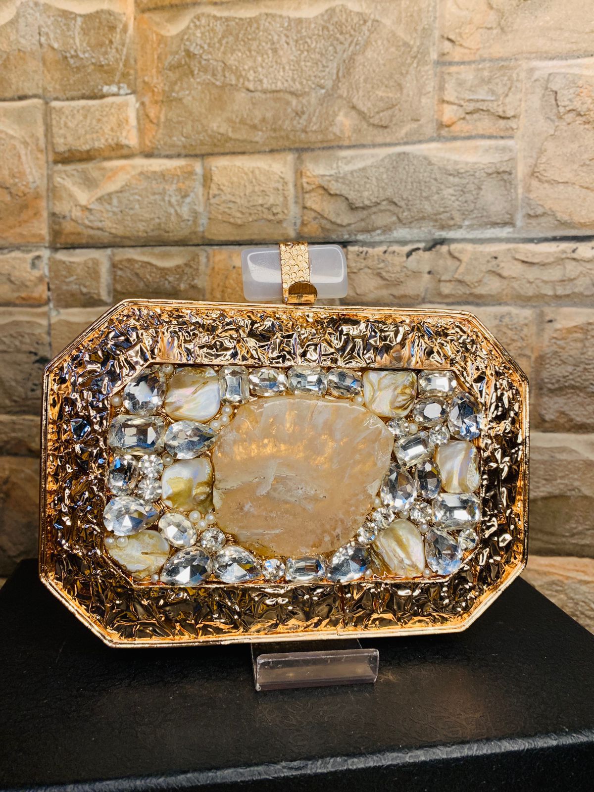 PREMIUM golden mother of pearl oval clutch with stone work