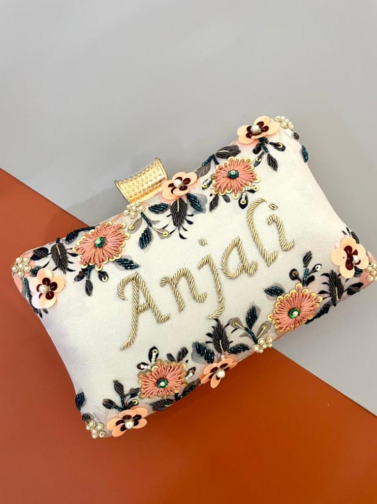 Designer Printed Embroidery Name Clutch