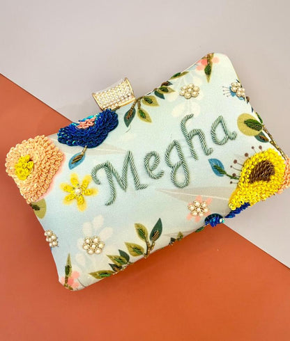 Designer Printed Embroidery Name Clutch