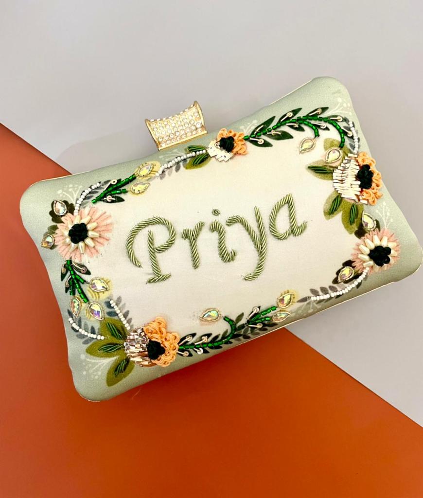 Designer Printed Embroidery Name Clutch