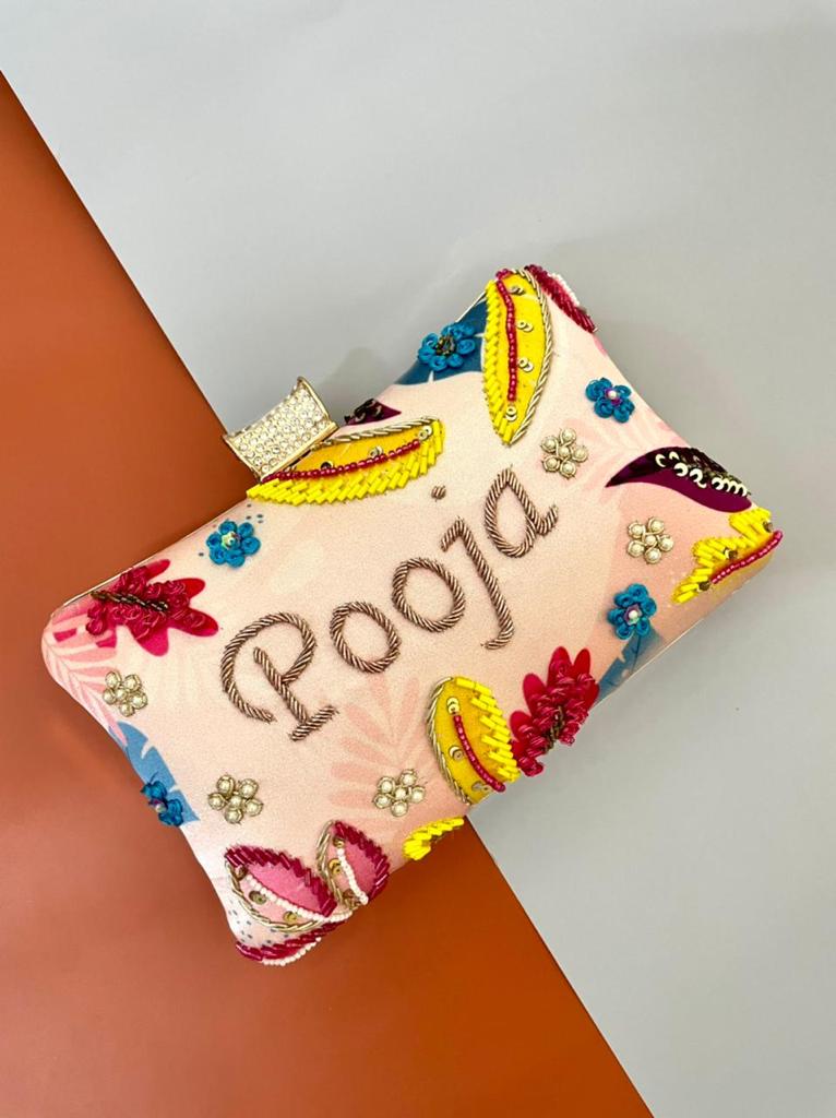 Designer Printed Embroidery Name Clutch