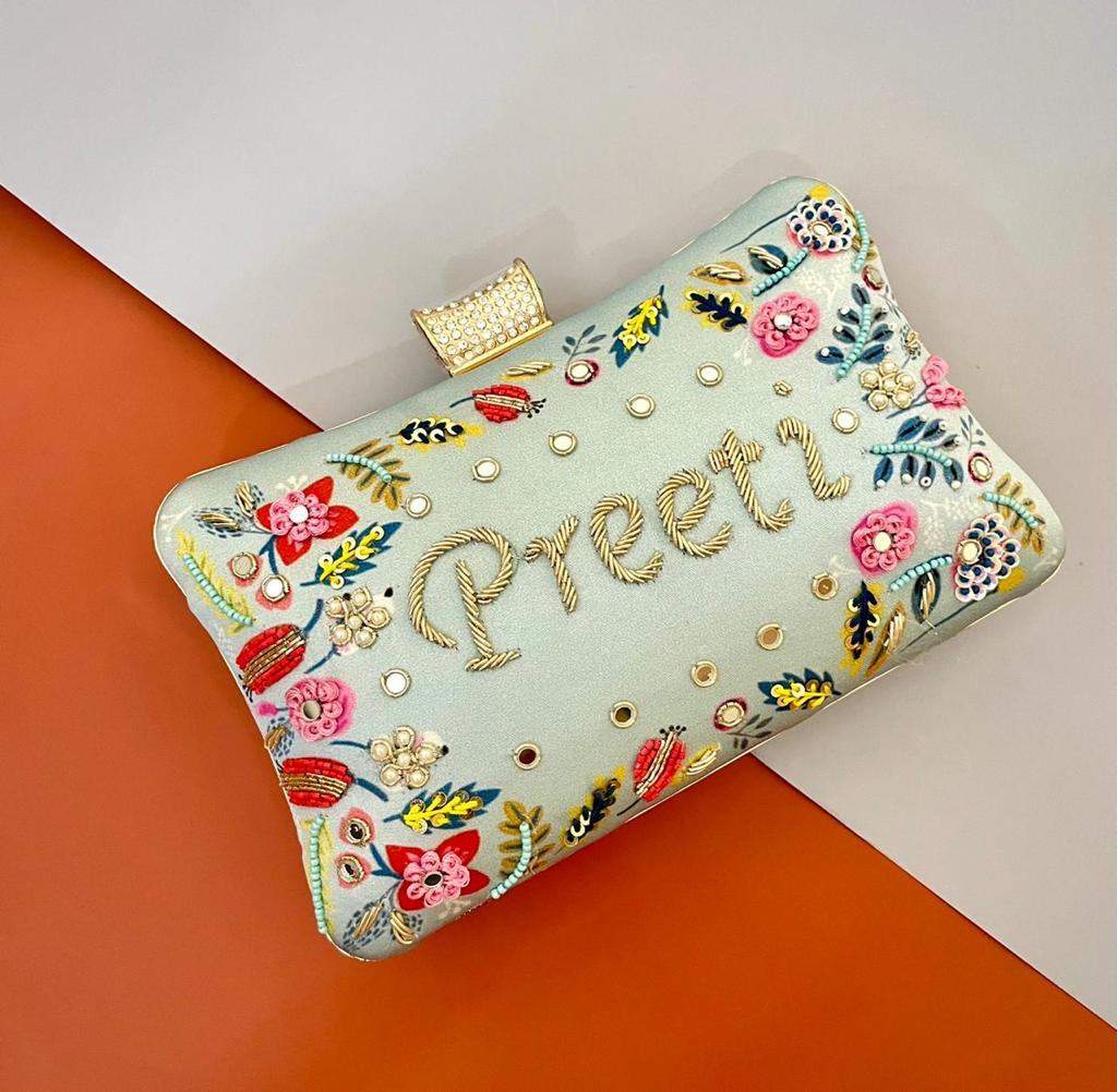 Designer Printed Embroidery Name Clutch