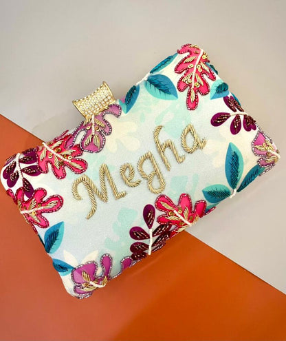 Designer Printed Embroidery Name Clutch