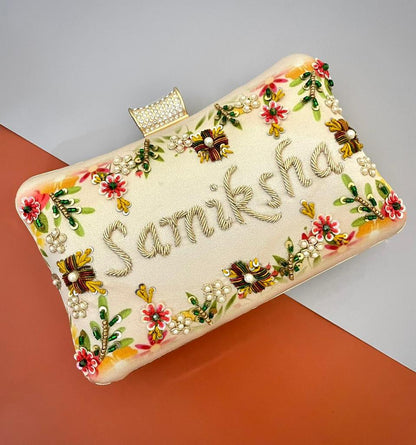 Designer Printed Embroidery Name Clutch