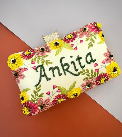 Designer Printed Embroidery Name Clutch