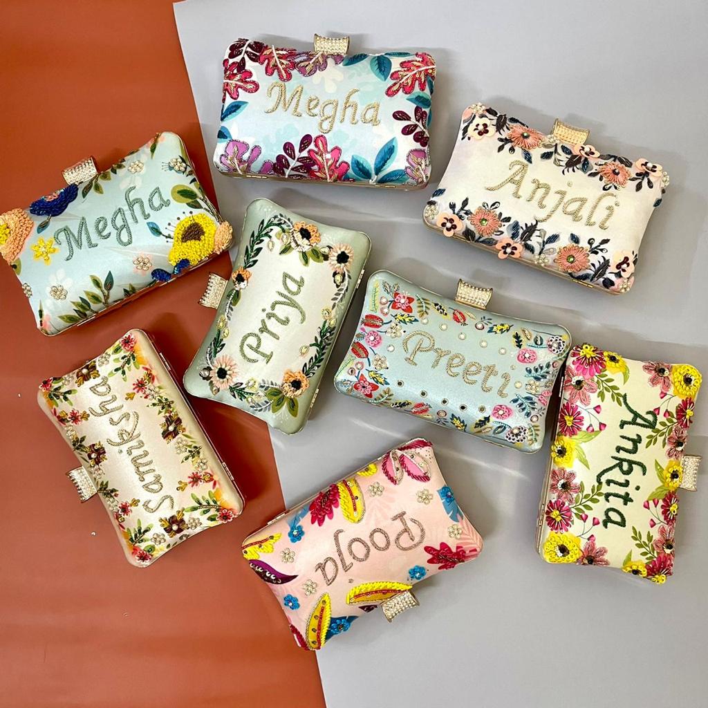 Designer Printed Embroidery Name Clutch