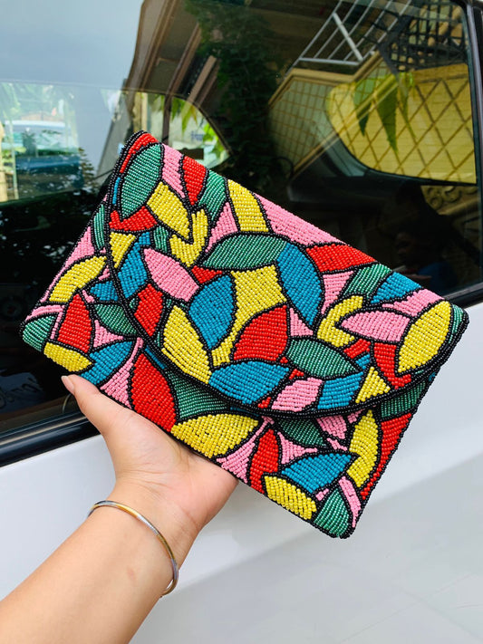 Stained glass pattern multi color bead work flap bag