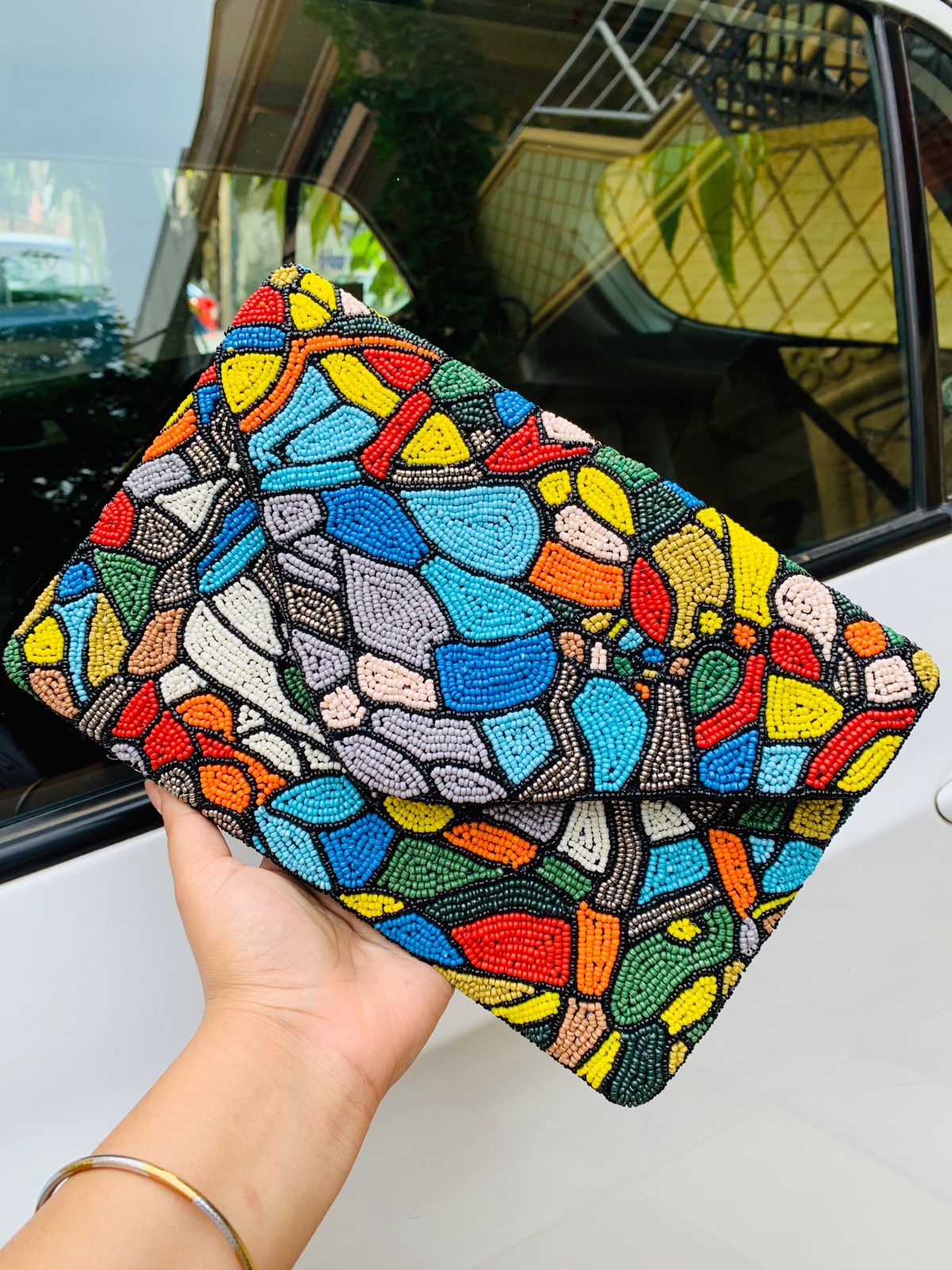 Multi color bead work stone pattern flap bag