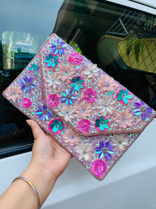 Pink & purple sequins work floral pattern flap bag