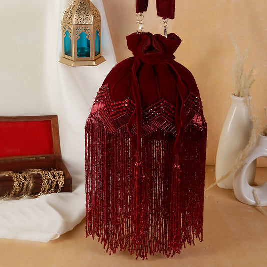 Designer maroon tassel potli