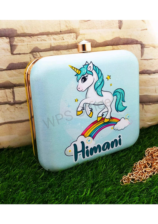 Unicorn printed custom name clutch