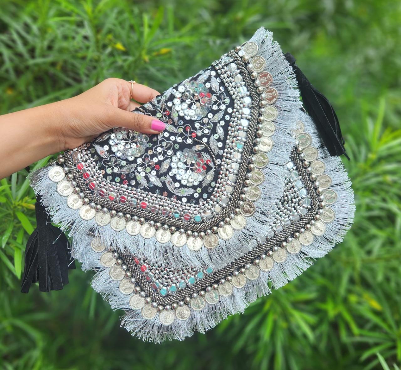 Silver grey jute boho bag with fringe work