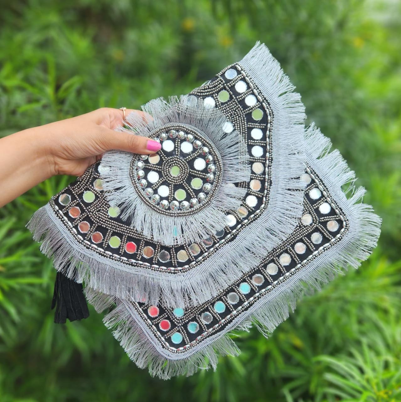 Silver grey jute boho bag with mirror work