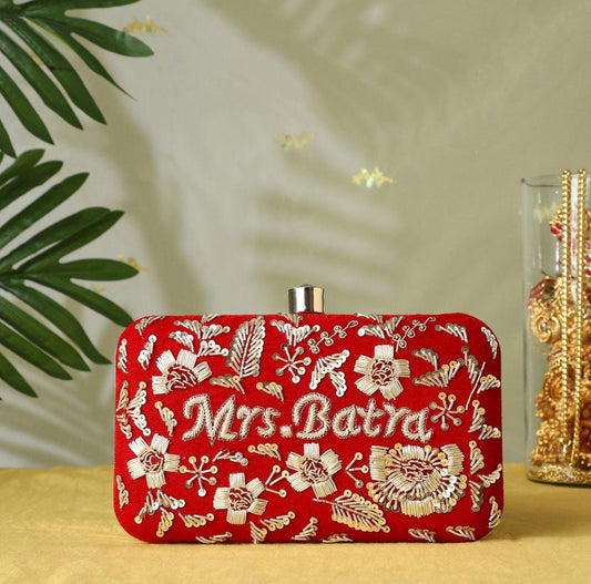 Velvet box name clutch with bead work