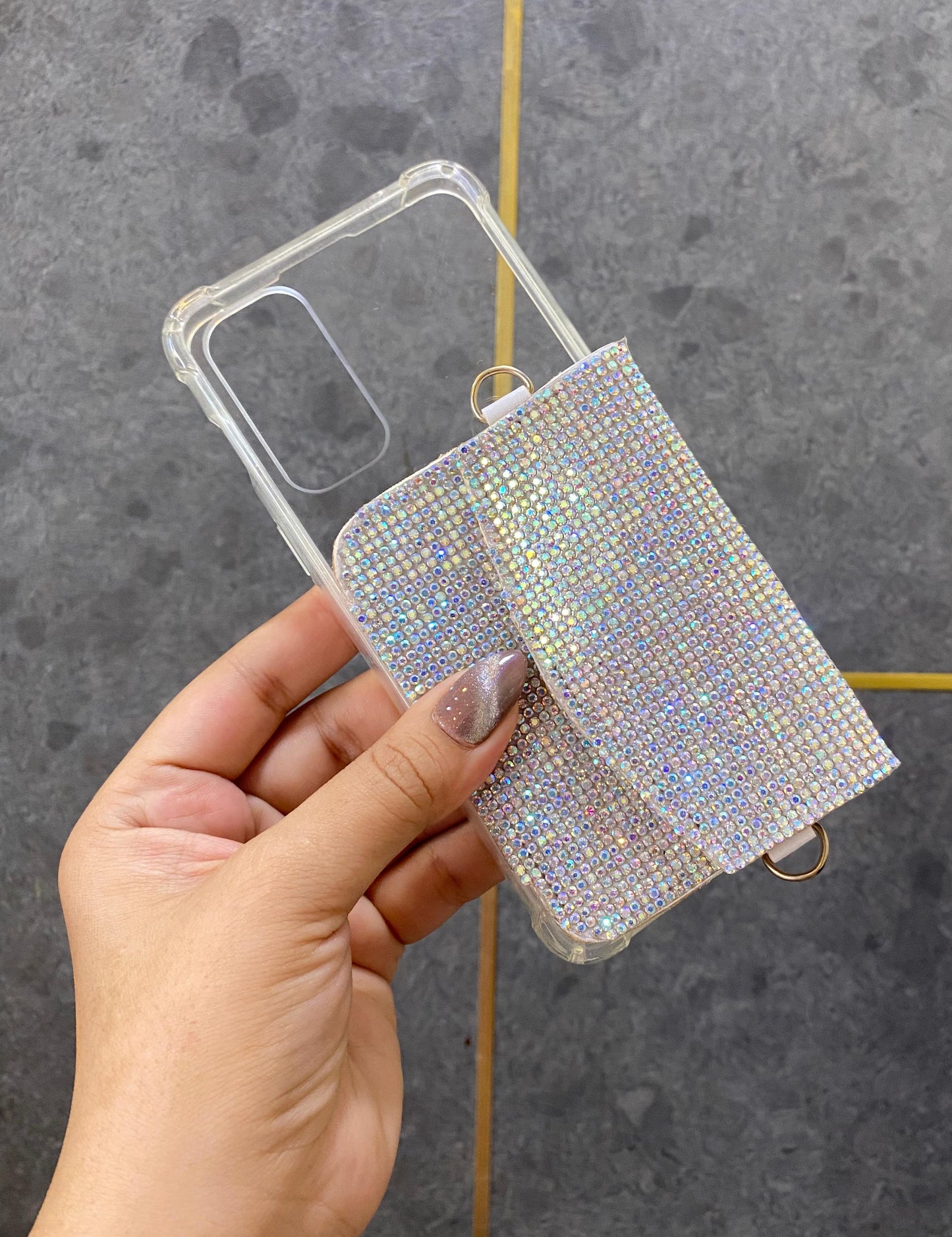 Stone crystal personalized Phone case & Card holder slings - White