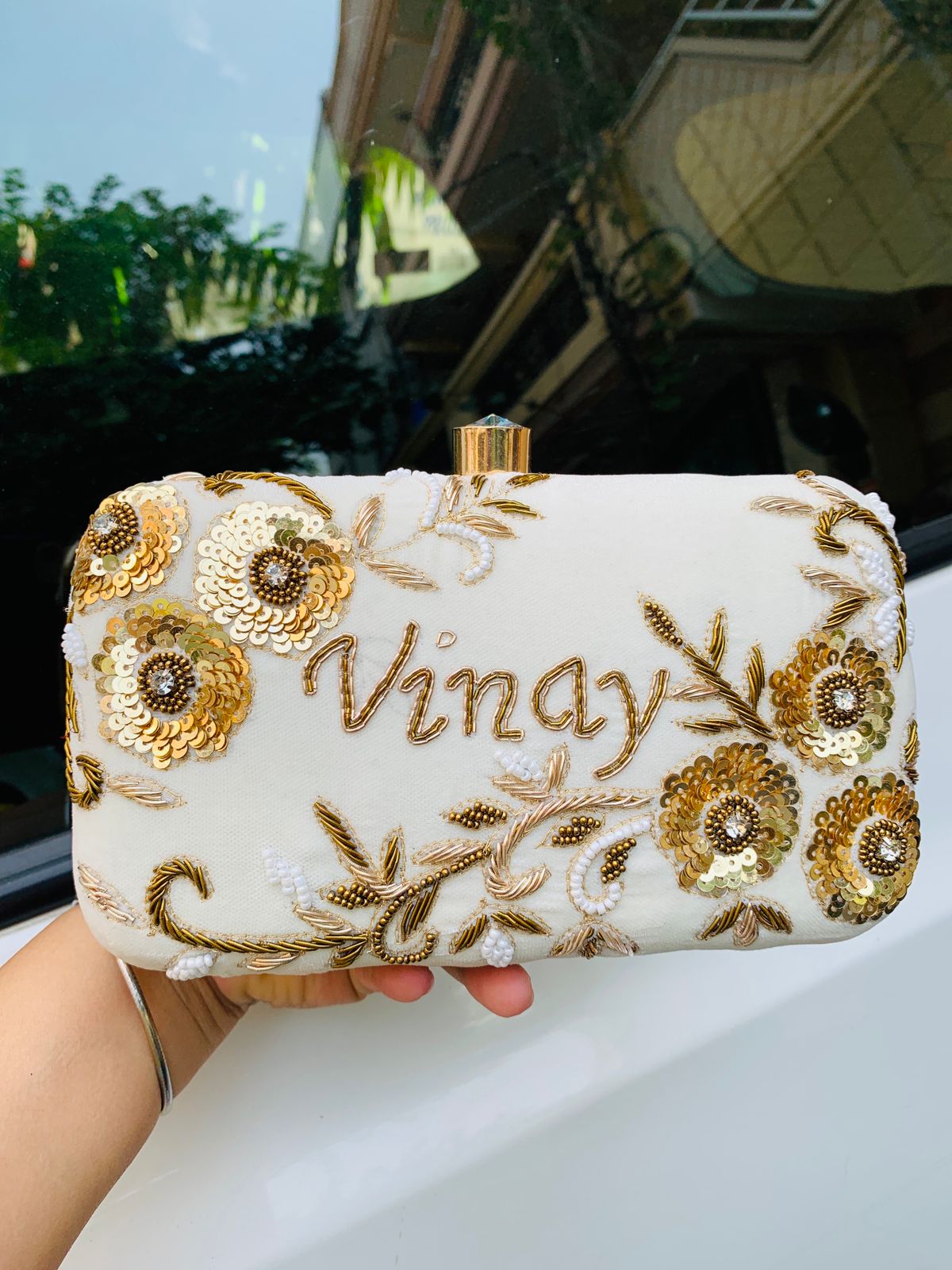 Custom name clutch with golden embroidery - White