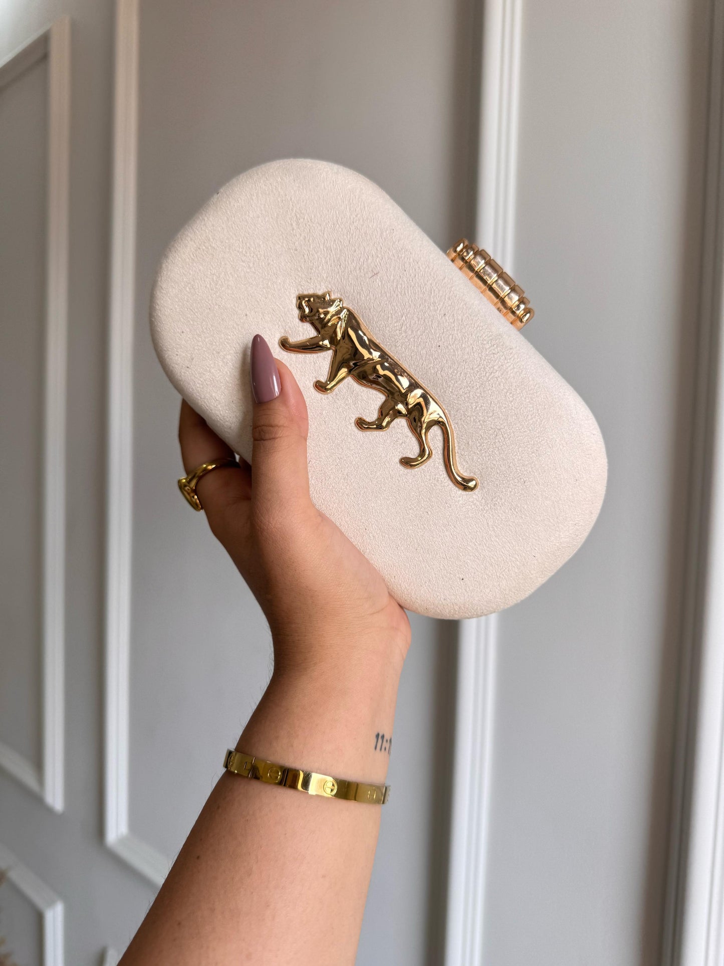 Jaguar Metal Embellished Suede Covering Clutch bag
