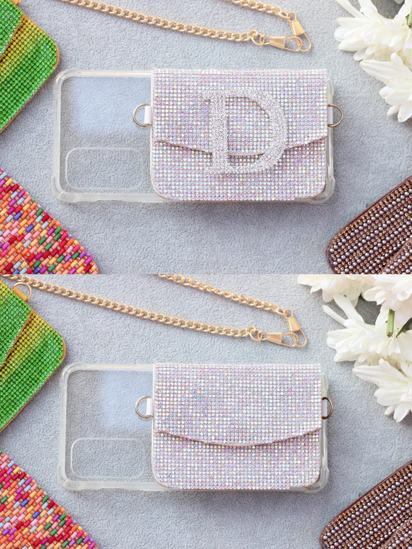 Stone crystal personalized Phone case & Card holder slings - White