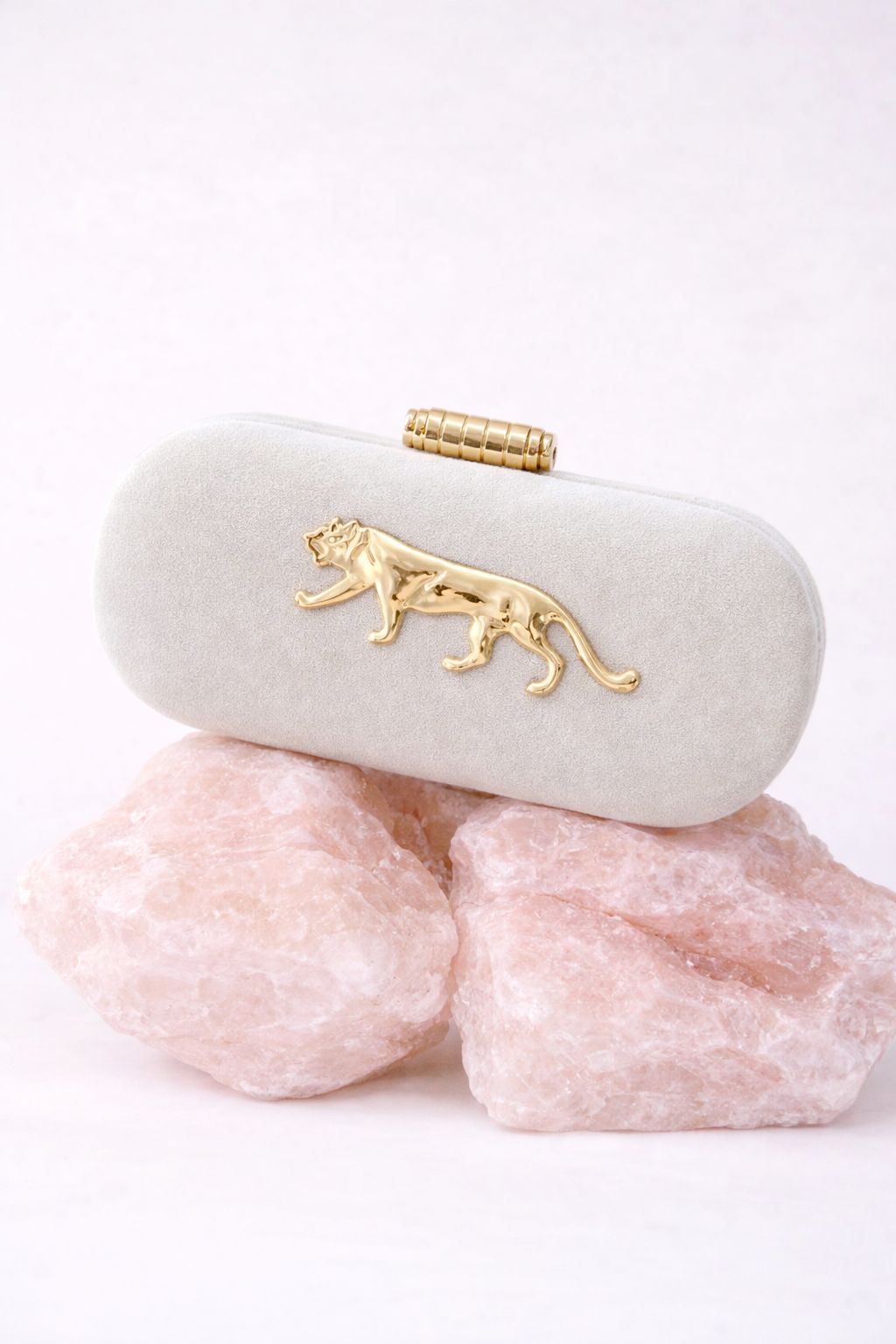 Long jaguar Metal Embellished Suede Covering Clutch bag