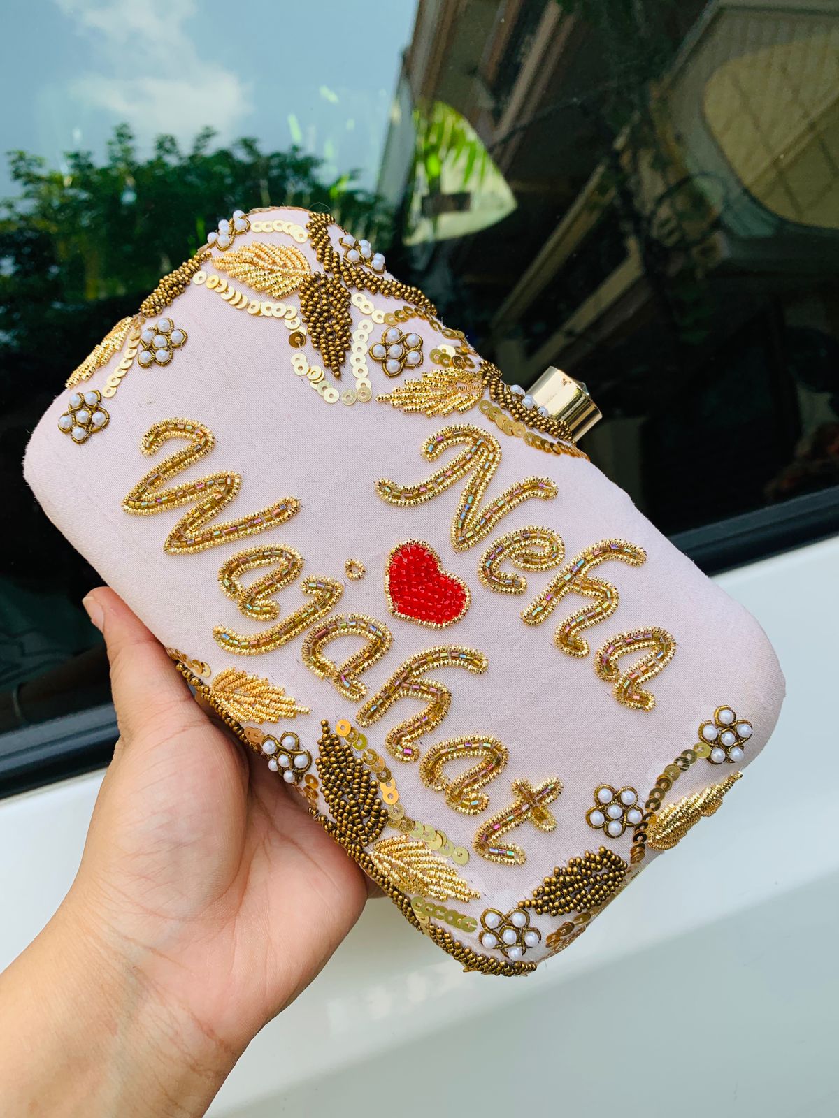 Custom name clutch with golden embroidery - White