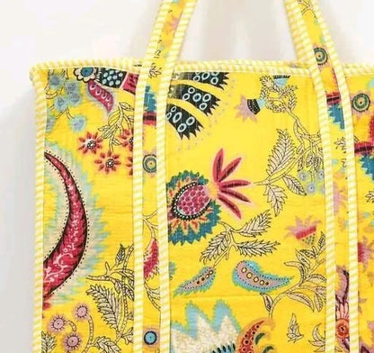 Yellow safari print handmade quilted tote bag