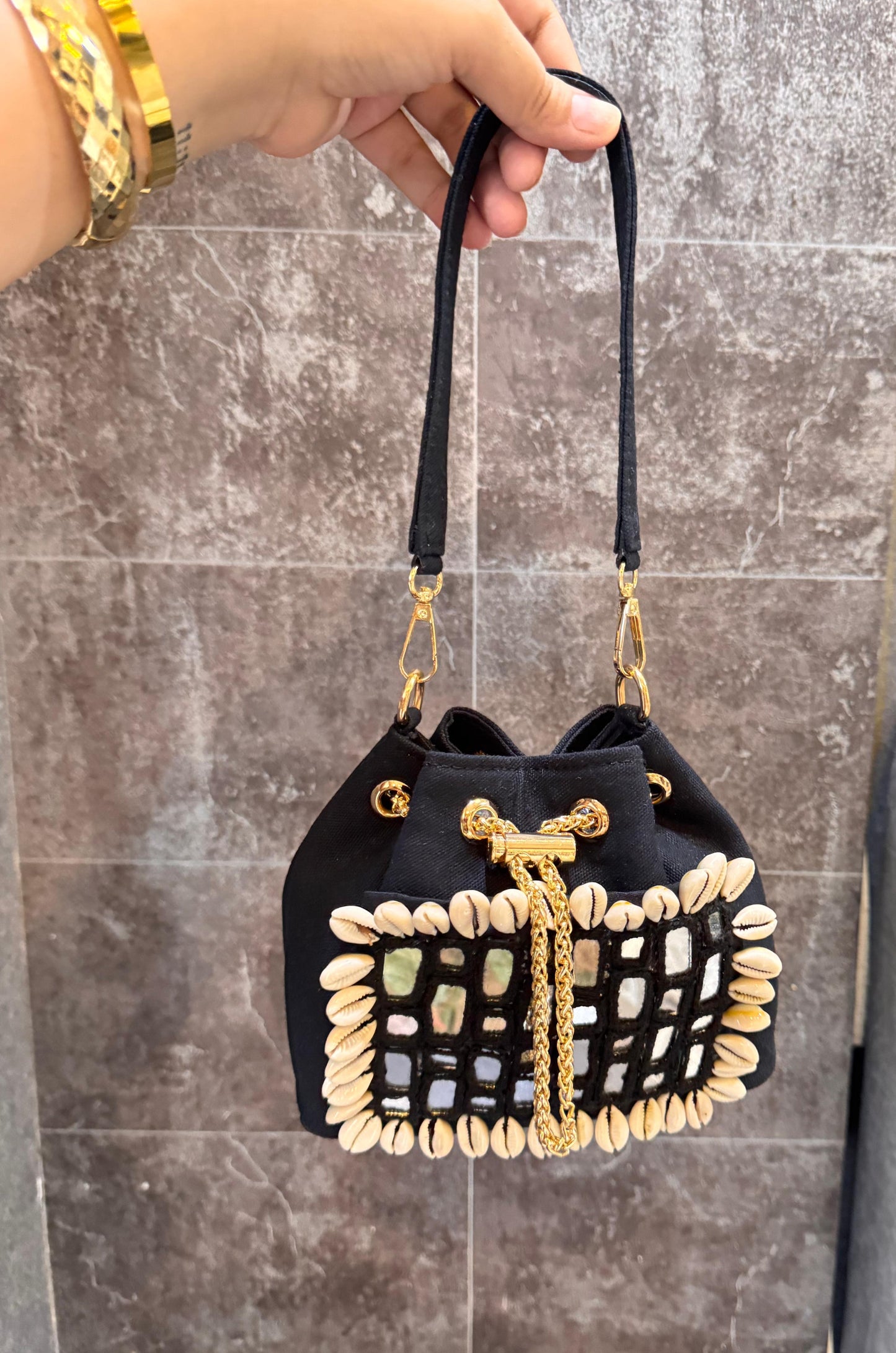 Mirror work canvas bucket bag