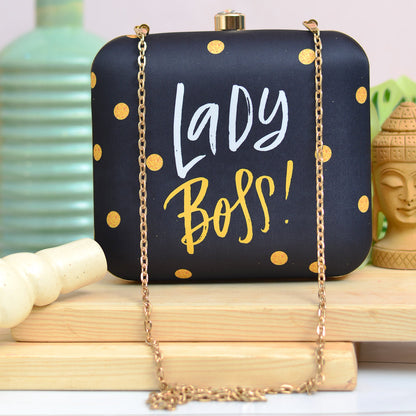 Lady boss printed fabric square clutch
