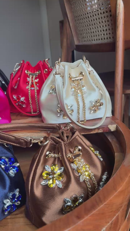 Satin Bucket Bags with Crystals