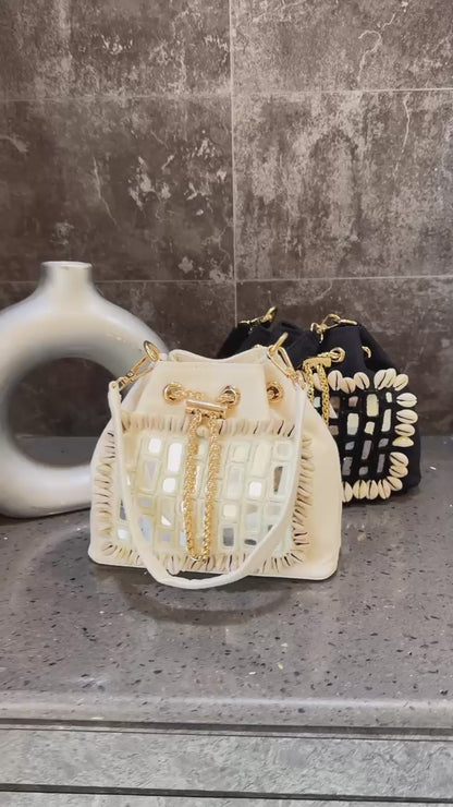 Mirror work canvas bucket bag