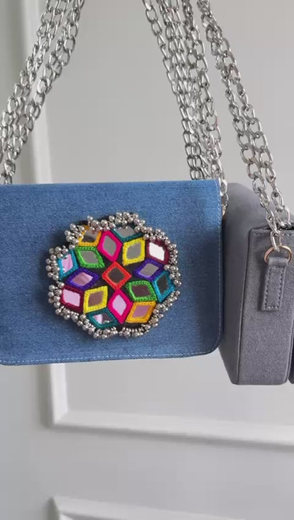 Denim Flap Bags With Mirror Work - Navratri special