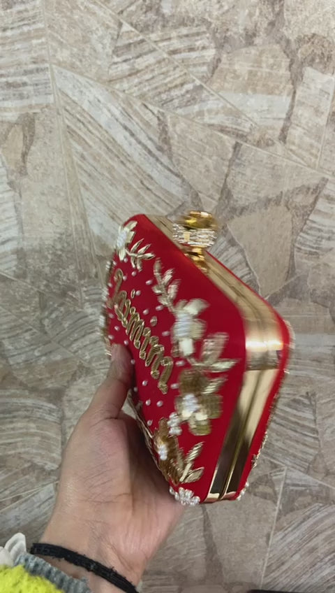 Custom name clutch with golden floral embroidery