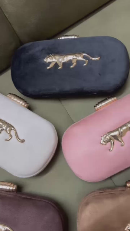 Long jaguar Metal Embellished Suede Covering Clutch bag