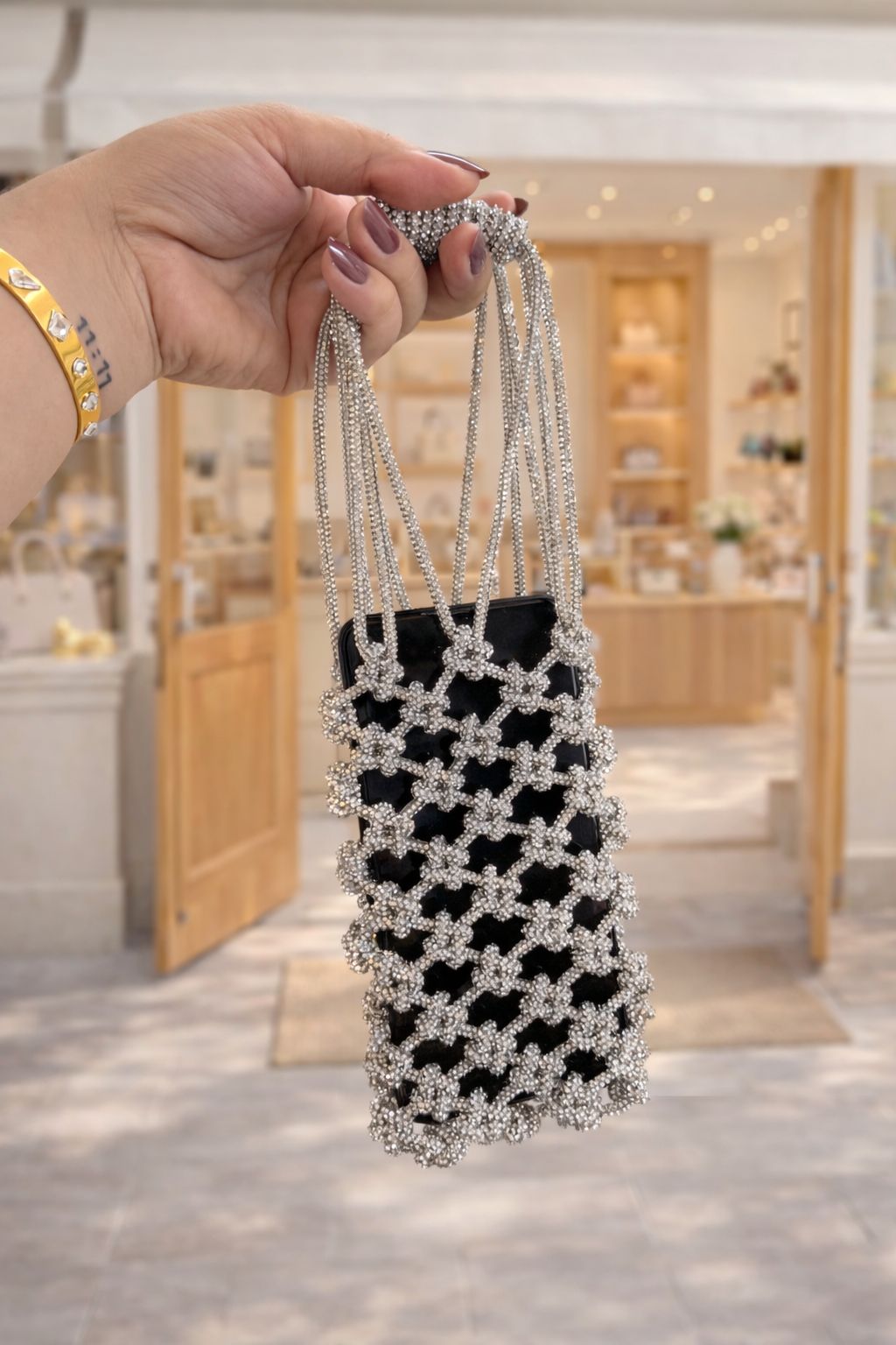 STARRY NIGHT handcrafted rhinestone knot phone bag