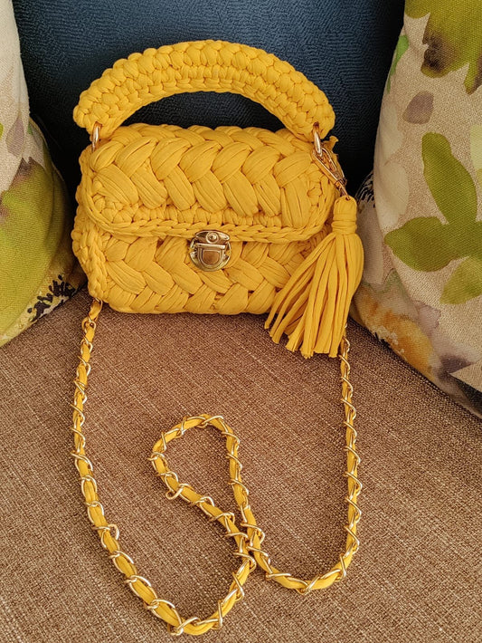 YELLOW handmade crochet bag with metal sling