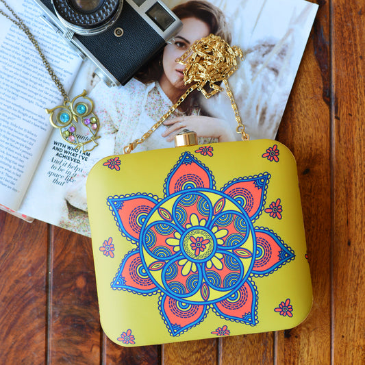 Yellow digital print fabric clutch