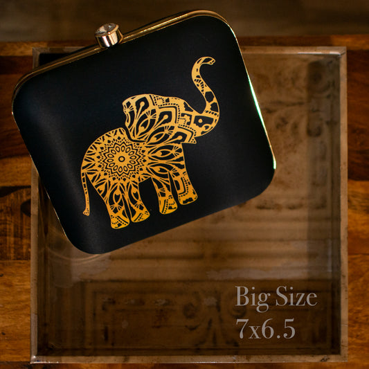 Black digital elephant print fabric clutch