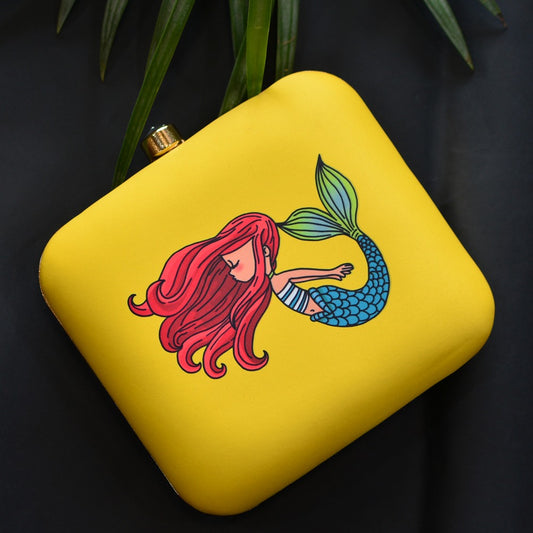 Mermaid printed yellow clutch