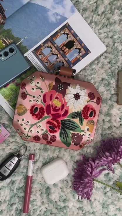 Peach printed clutch with sequins & floral embroidery work