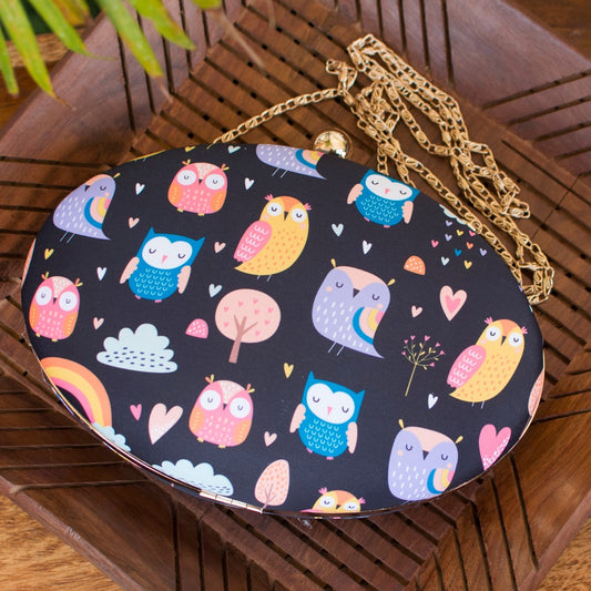 Oval OWL printed fabric box clutch