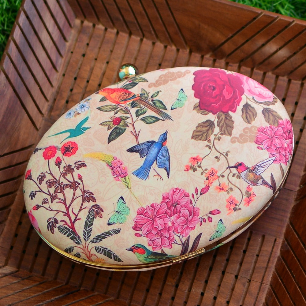 Oval printed fabric box clutch